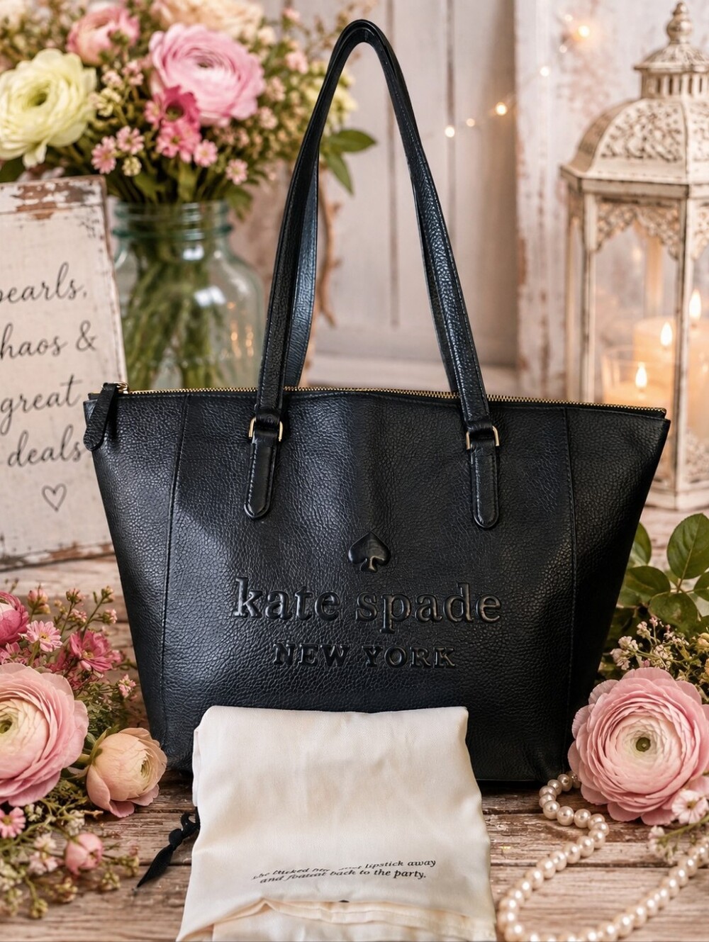 Kate Spade New York Black Pebbled Logo Large Zip Tote Bag